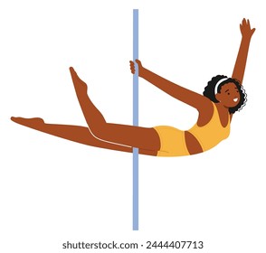 Female Black Pole Dancer Character. Lithe, Graceful Performer Mesmerizes With Fluid Movements Around The Pole, Exuding Strength And Sensuality In Equal Measure. Cartoon People Vector Illustration