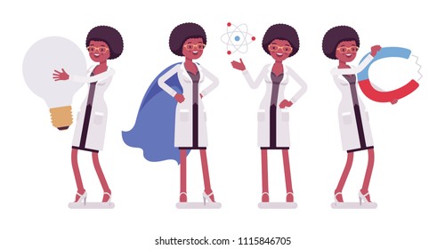 Female black scientist and giant things. Expert of physical, natural laboratory in white coat with tools. Science, technology concept. Vector flat style cartoon illustration isolated, white background