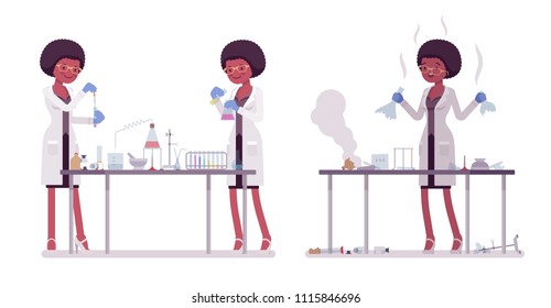 Female black scientist making chemical experiments. Expert of physical, natural laboratory in white coat. Science, technology concept. Vector flat style cartoon illustration isolated, white background