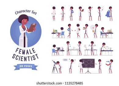 Female Black Scientist Ready-to-use Character Set. Expert Of Physical Or Natural Laboratory Working In White Coat. Science And Technology Concept. Full Length, Different Views, Gestures, Emotions
