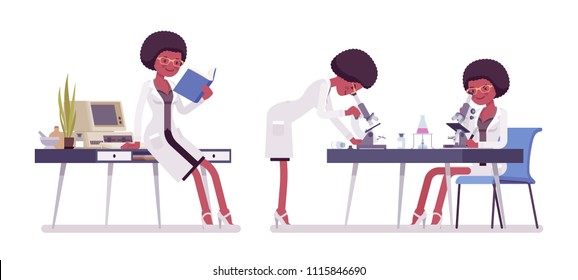 Female black scientist working. Expert of physical or natural laboratory in coat studies at microscope. Science, technology concept. Vector flat style cartoon illustration isolated, white background