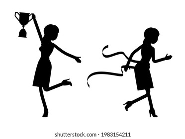 Female black silhouette, businesswoman, office worker winner run, victory. Administrative manager person, corporate employee. Vector illustration, dark shape full length adult figure, white background