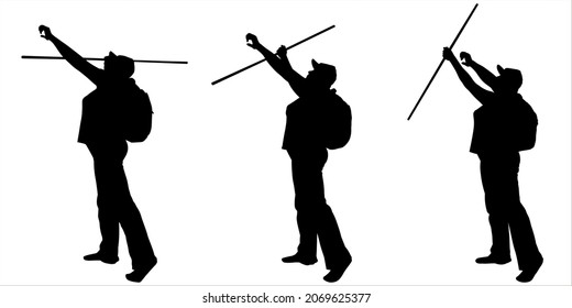 Female black silhouette isolated on white background. A woman in a cap, with a backpack behind her back and a walking stick in her hands. Female silhouette with a raised hand. Self-defence, protection