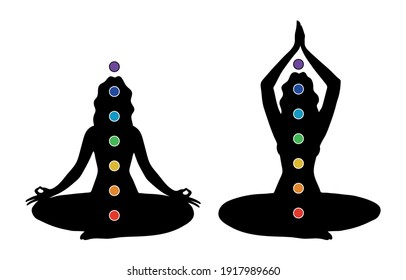 Female black silhouette with seven colored chakras. A woman practices yoga in the lotus position with the designation of the chakras in the body. Vector illustration isolated on white background