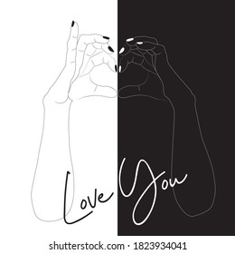 Female black and white hands making heart shape outline vector illustration 