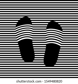 Female black and white slippers on a striped background. vector illustration