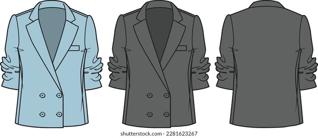 Blazer femenino con boceto plano frontal y posterior de botón plantilla de ilustración vectorial técnica de dibujo