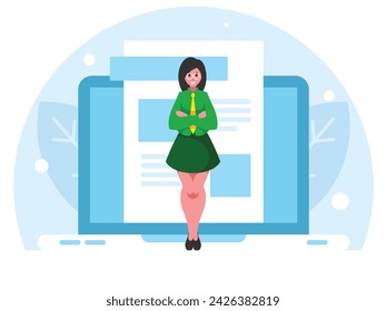 Female blogger. Businesswoman stands with arms crossed on chest. Standing confident woman in a suit and tie. Blog articles creation. Blog page on laptop display. Vector graphics