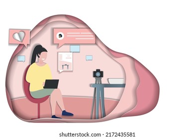 Female Blogger Communicates with Subscribers and Subscribers Fashionable papercut style Vector illustration