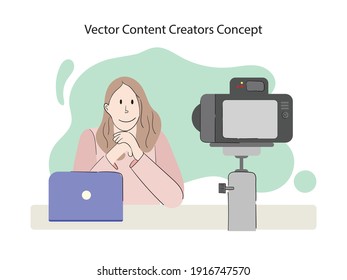 A female blogger create video content, Media creator and freelance Vlogger, Vlog concept - Vector illustration