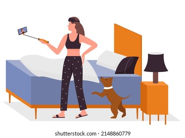 Female blogger daily lifestyle. Posting personal life, engaging content isolated illustration