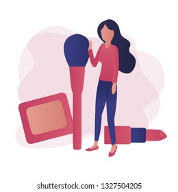 Female blogger does make up, reviews beauty product for video blog. Trendy gradient flat vector illustration for web landing page, banner, presentation, social media.