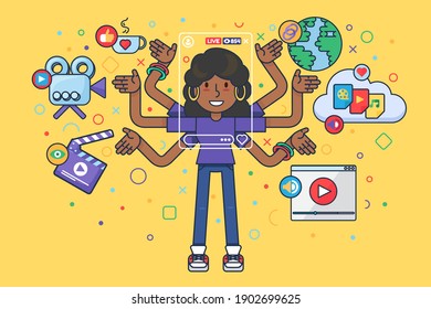 Female blogger lifestyle semi flat concept illustration. Afro girl cartoon character making online broadcast. Social live stream producing podcast. Vector isolated color drawing