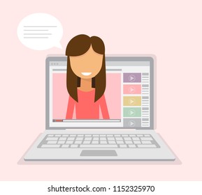 Female blogger making a review. Advertising beauty products or another goods online using the website. Flat vector illustration