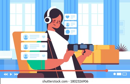 female blogger recording game process online blog live streaming blogging vlog popularity concept girl playing video games living room interior horizontal portrait vector illustration