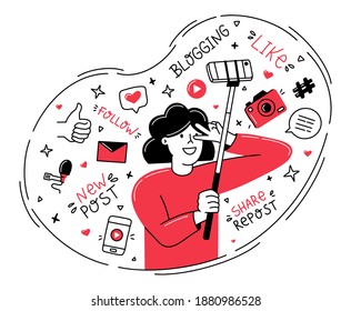 Female blogger shoots a vlog on her phone, takes a selfie. Vector concept in the Doodle hand drawing style