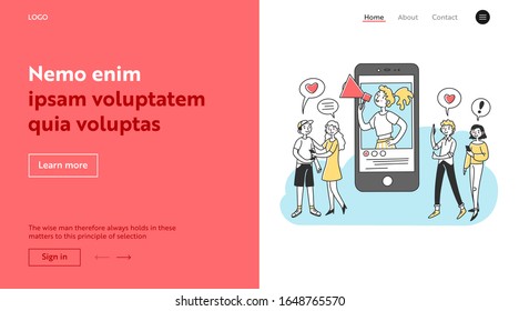 Female blogger shouting at speaker on cellphone screen. Followers, post, likes flat vector illustration. Social media marketing, advertising concept for banner, website design or landing web page