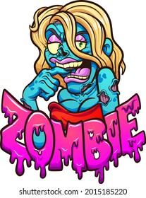 Female blond cartoon zombie with red dress and zombie text. Vector clip art illustration with simple gradients. All on a single layer. 
