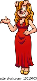 Female blond presenter pig wearing a red dress clip art. Vector illustration with simple gradients. All in a single layer. 
