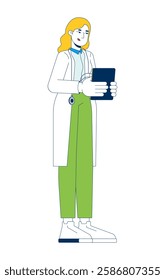 Female blonde doctor in white coat holding tablet 2D cartoon character. Caucasian woman physician wearing stethoscope isolated person flat vector on white background. Spot illustration colorful