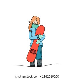 Female blonde snowboard rider in winter active sport wear holding snow board in her hands. Extreme sports funny cute cartoon character.