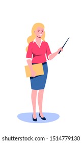 Female blonde teacher character modern vector illustration. Smiling teacher with pointer. Teacher stands and holds pointer. Flat vector illustration isolated on white background.
