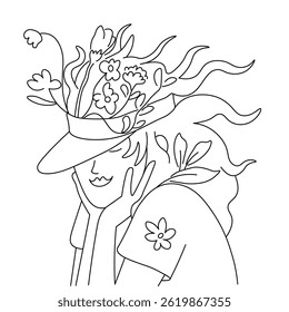 female with blooming flowers in linear doodle style in vector. Element for poster sticker design logo decoration prints postcards