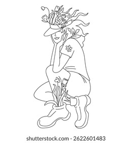 female with blooming flowers in linear doodle style in vector. Element for poster sticker design logo decoration prints postcards