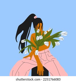 Florecimiento femenino desde la ilustración plana vectorial. Mujer desnuda con flores creciendo del pecho. Femininidad, feminismo, prosperidad y concepto de amor propio.