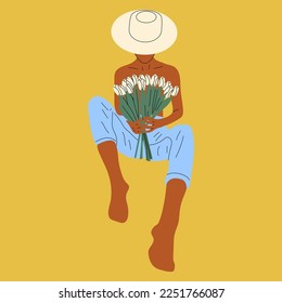 Female blooming from within flat vector illustration. Nude woman with flowers growing from chest. Femininity, feminism, prosperity and self love concept.