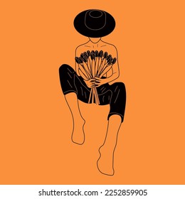 Female blooming from within flat vector illustration. Nude woman with flowers growing from chest. Femininity, feminism, prosperity and self love concept.