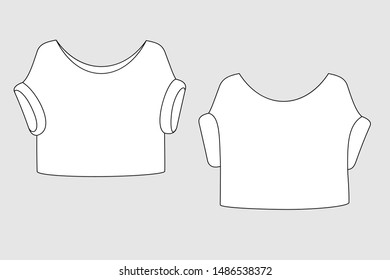 Female blouse vector template isolated on a grey background. Front and back view. Outline fashion technical sketch of clothes model.