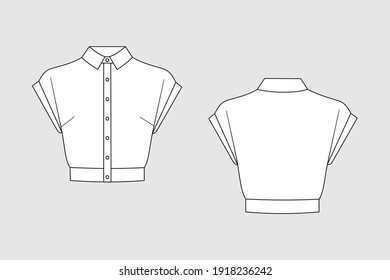 Plantilla vectorial de camisa femenina aislada en un fondo gris. Vista frontal y posterior. Esbozo técnico de la moda del modelo de ropa.