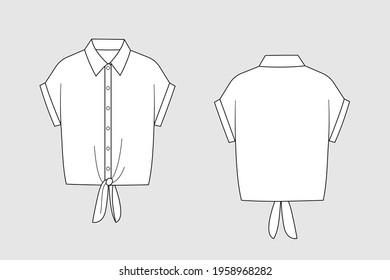 Female blouse vector template isolated on a grey background. Front and back view. Outline fashion technical sketch of clothes model.