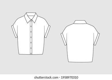 Female blouse vector template isolated on a grey background. Front and back view. Outline fashion technical sketch of clothes model.