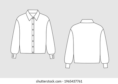 Female blouse vector template isolated on a grey background. Front and back view. Outline fashion technical sketch of clothes model.