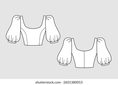 Female blouse vector template isolated on a grey background. Front and back view. Outline fashion technical sketch of clothes model.