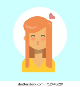 Female Blow Kiss Emotion Profile Icon, Woman Cartoon Portrait Happy Smiling Face Vector Illustration