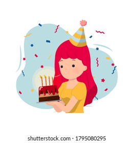 Female blowing a candle on birthday cake decorated with confetti. Happy Birthday greeting card. Make a wish. Flat vector character design isolated on white.