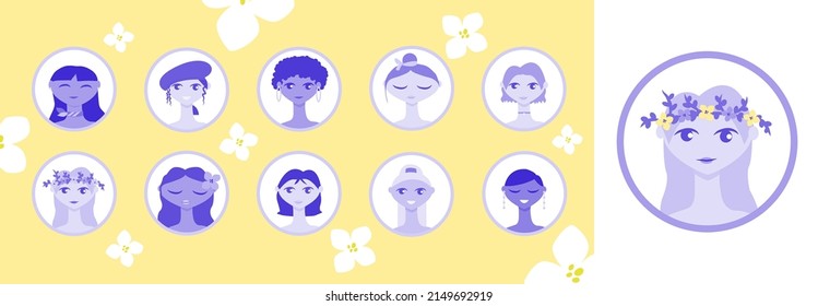 Female blue cyan avatar set yellow spring color vector illustration. Beautiful face beauty portrait of young girls with different hairstyle in icon circle