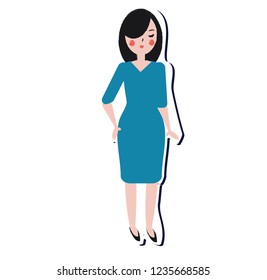 Female in blue dress. Lifestyle fashion girl sticker in artistic hand drawn style. Vector illustration