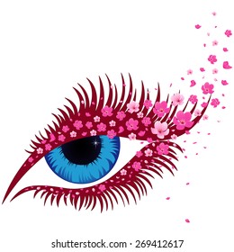 Female blue eye with small pink flowers of sakura, hand drawing vector illustration