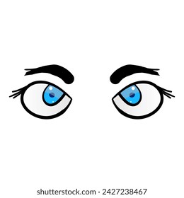 Female blue eyes comic isolated on white background. Hand drawn open female eyes 