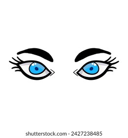 Female blue eyes comic isolated on white background. Hand drawn open female eyes 