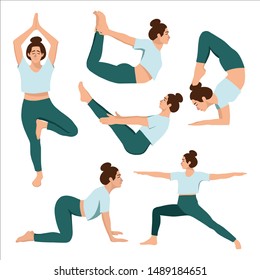 Female in a blue t -shirt and leggins practicing yoga. Different isolated yoga poses on white background. Hand drawn flat coloured vector illustartion.