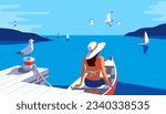 Female in boat on pier enjoy yacht sailing vector poster. Woman in sun hat cartoon. Summer seaside blue ocean bay scenic view background. Holiday vacation sea tourist travel leisure trip illustration