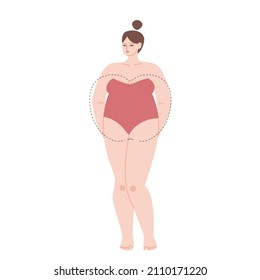 The female body is an apple type. Cartoon light skinned chubby girl in a strapless swimsuit. Vector stock illustration of a woman with broad shoulders isolated on white background.