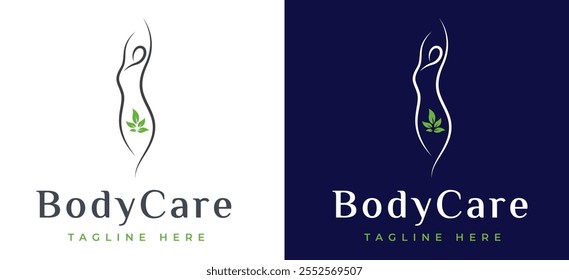 Weibliche Körper Schönheit Hautpflege Logo Inspiration. Logo-Design für Frauengesundheit und Wellness. Frau mit Blatt Symbol für Label für Spa, Yoga, Kosmetik, gesunde und natürliche Körperpflege Produkte. Frauenlogo