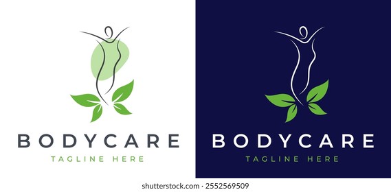 Weibliche Körper Schönheit Hautpflege Logo Inspiration. Logo-Design für Frauengesundheit und Wellness. Frau mit Blatt Symbol für Label für Spa, Yoga, Kosmetik, gesunde und natürliche Körperpflege Produkte. Frauenlogo