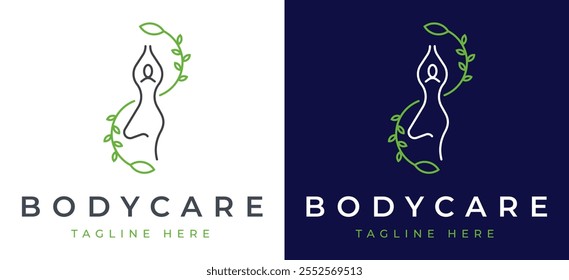 Weibliche Körper Schönheit Hautpflege Logo Inspiration. Logo-Design für Frauengesundheit und Wellness. Frau mit Blatt Symbol für Label für Spa, Yoga, Kosmetik, gesunde und natürliche Körperpflege Produkte. Frauenlogo